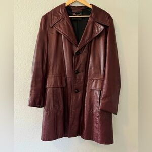 Vintage 70s notched collar mahogany red brown faux leather trench jacket Sz L-XL
